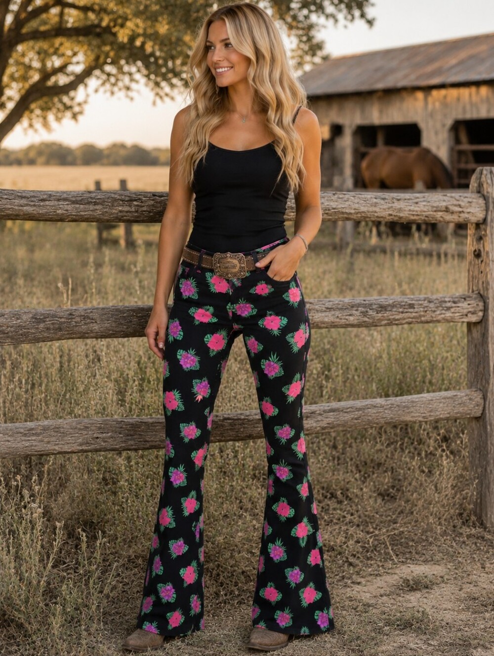 RANCH DRESS'N Fallon Taylor Black Hawaiian Floral patterned bootcut jeans sz 27
